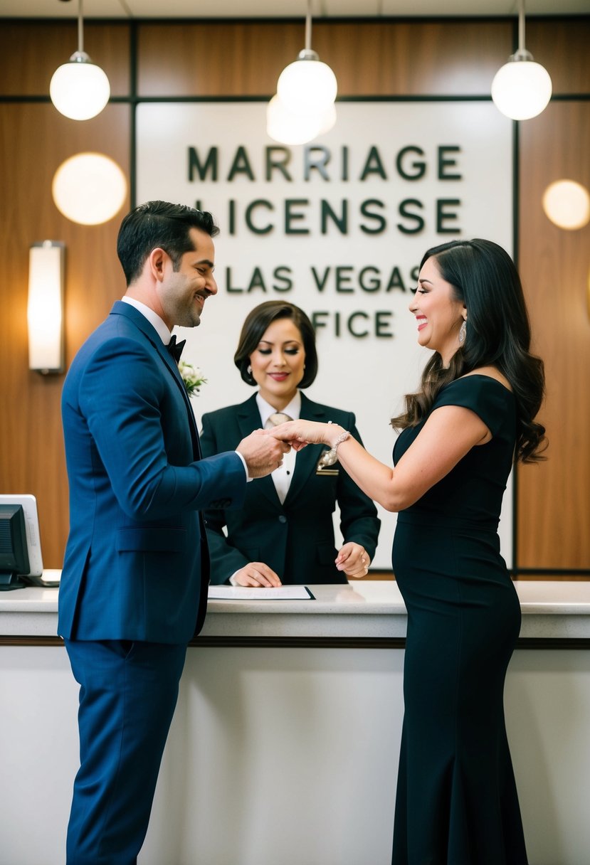 A couple exchanging vows at a Las Vegas marriage license office, with a clerk assisting them