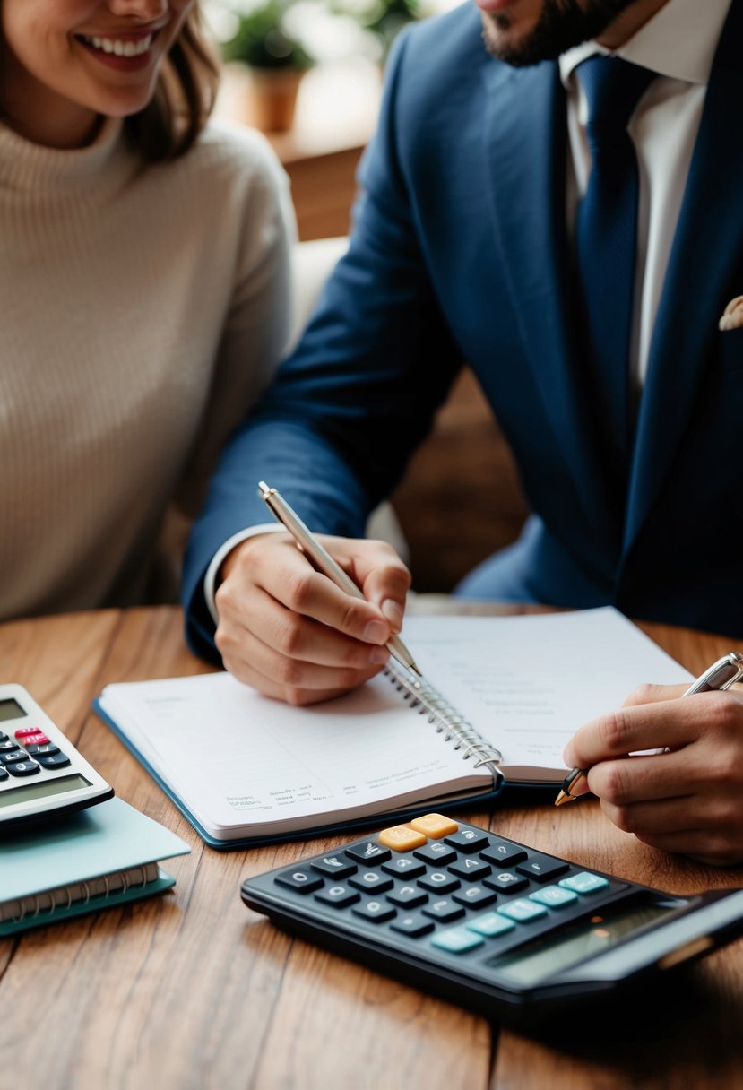 A couple creating a wedding budget together at a cozy table with a calculator, notebook, and pen