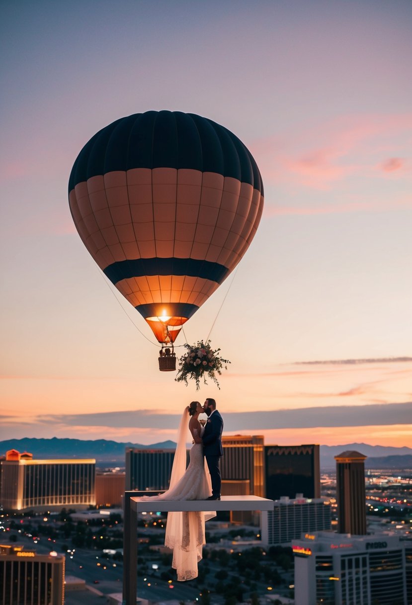 A wedding ceremony taking place in a hot air balloon floating above the Las Vegas skyline at sunset