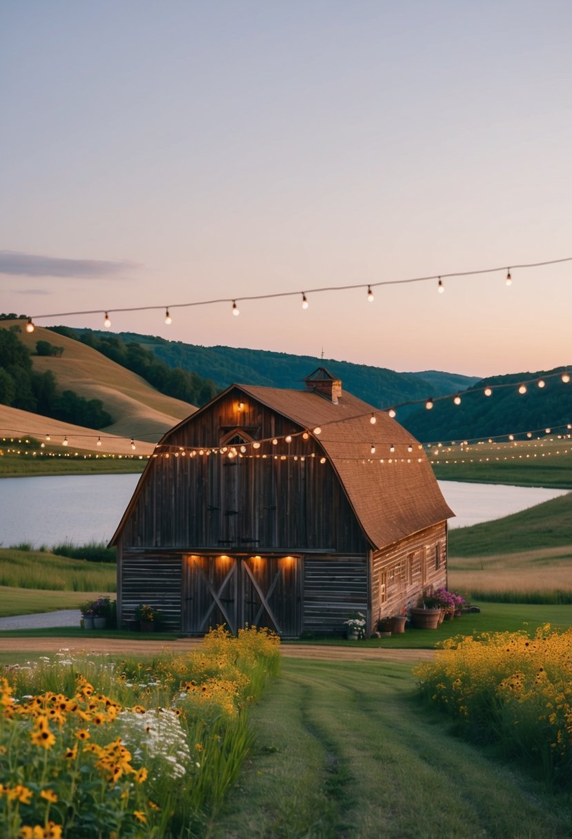 A rustic barn with string lights and wildflowers, surrounded by rolling hills and a serene lake