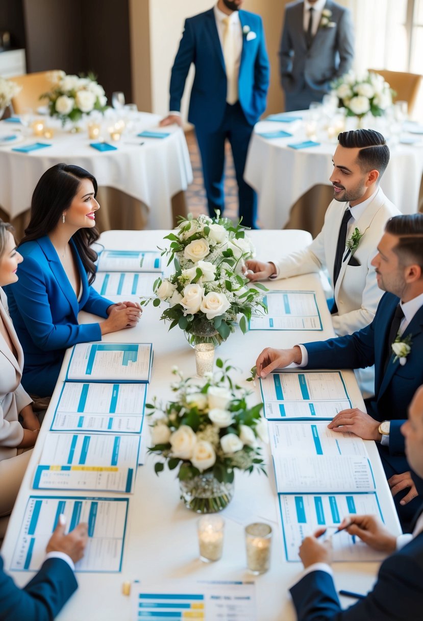 A couple sits at a table, surrounded by wedding planners and vendors, discussing budget options for their Las Vegas wedding. Tables are covered in spreadsheets and brochures