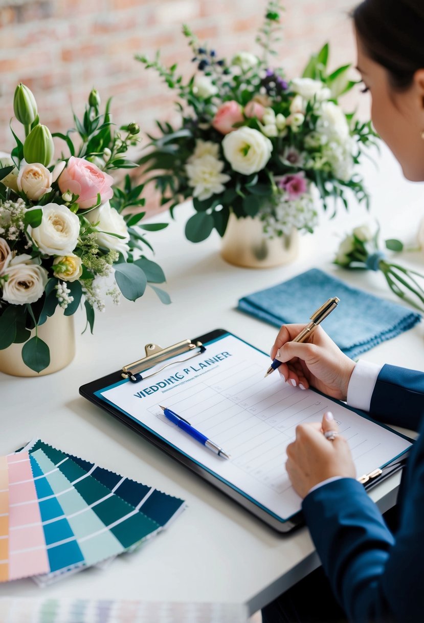 A wedding planner with a clipboard and pen, surrounded by color swatches, floral arrangements, and fabric samples