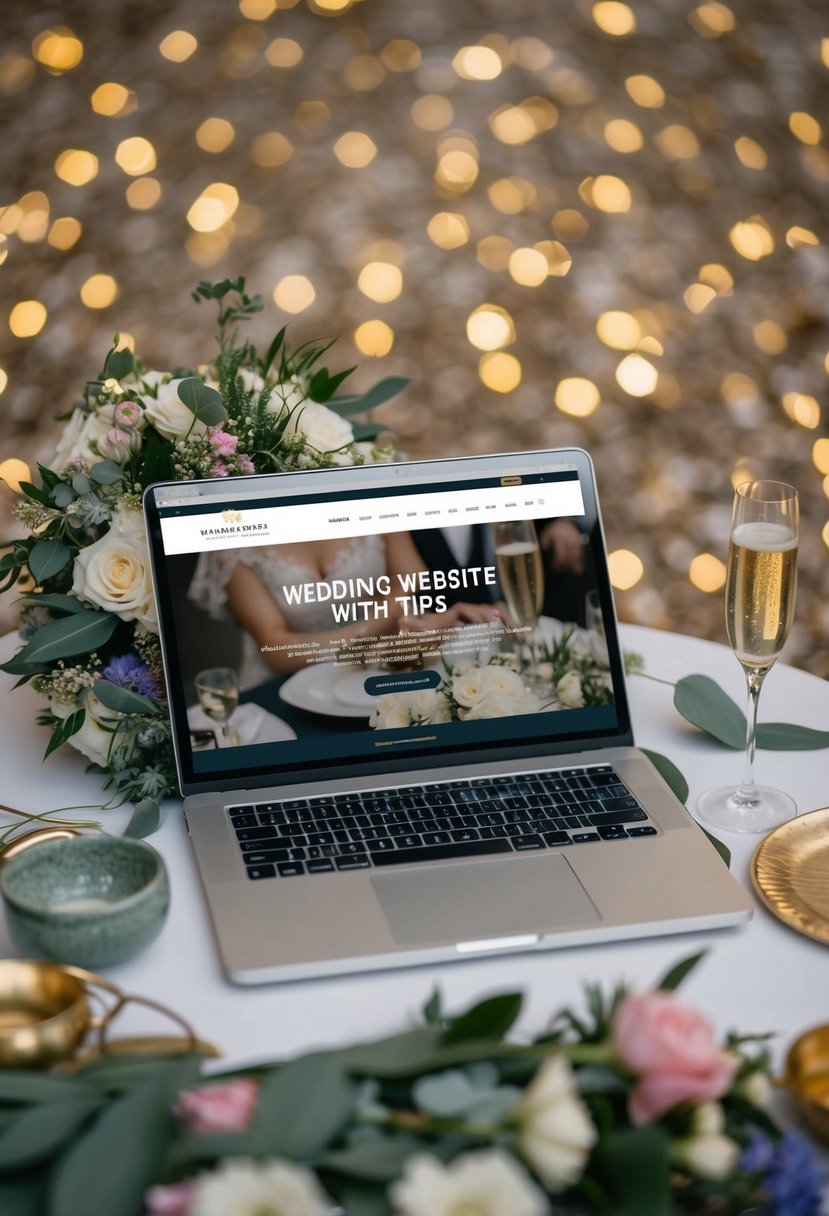 A laptop displaying a wedding website with tips, surrounded by a bouquet of flowers and a glass of champagne