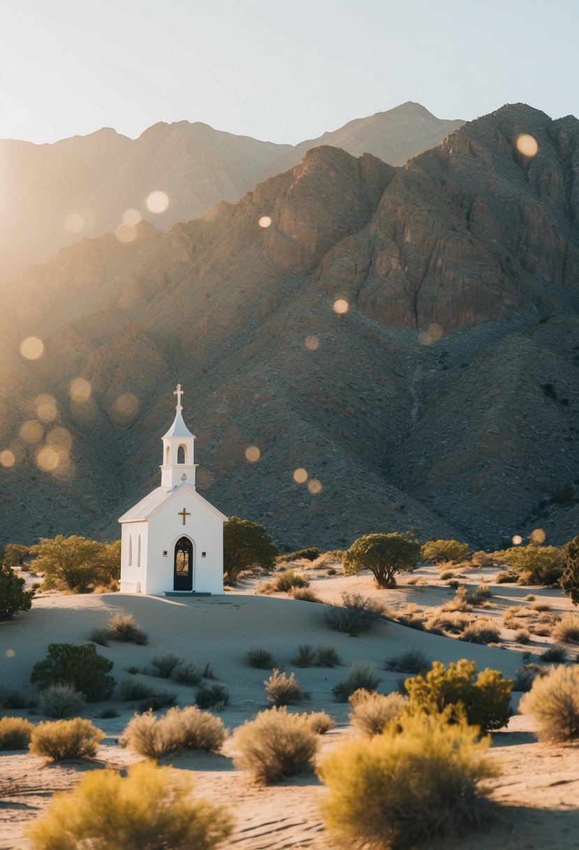 A serene desert landscape with a small, elegant wedding chapel nestled among the mountains, bathed in golden sunlight