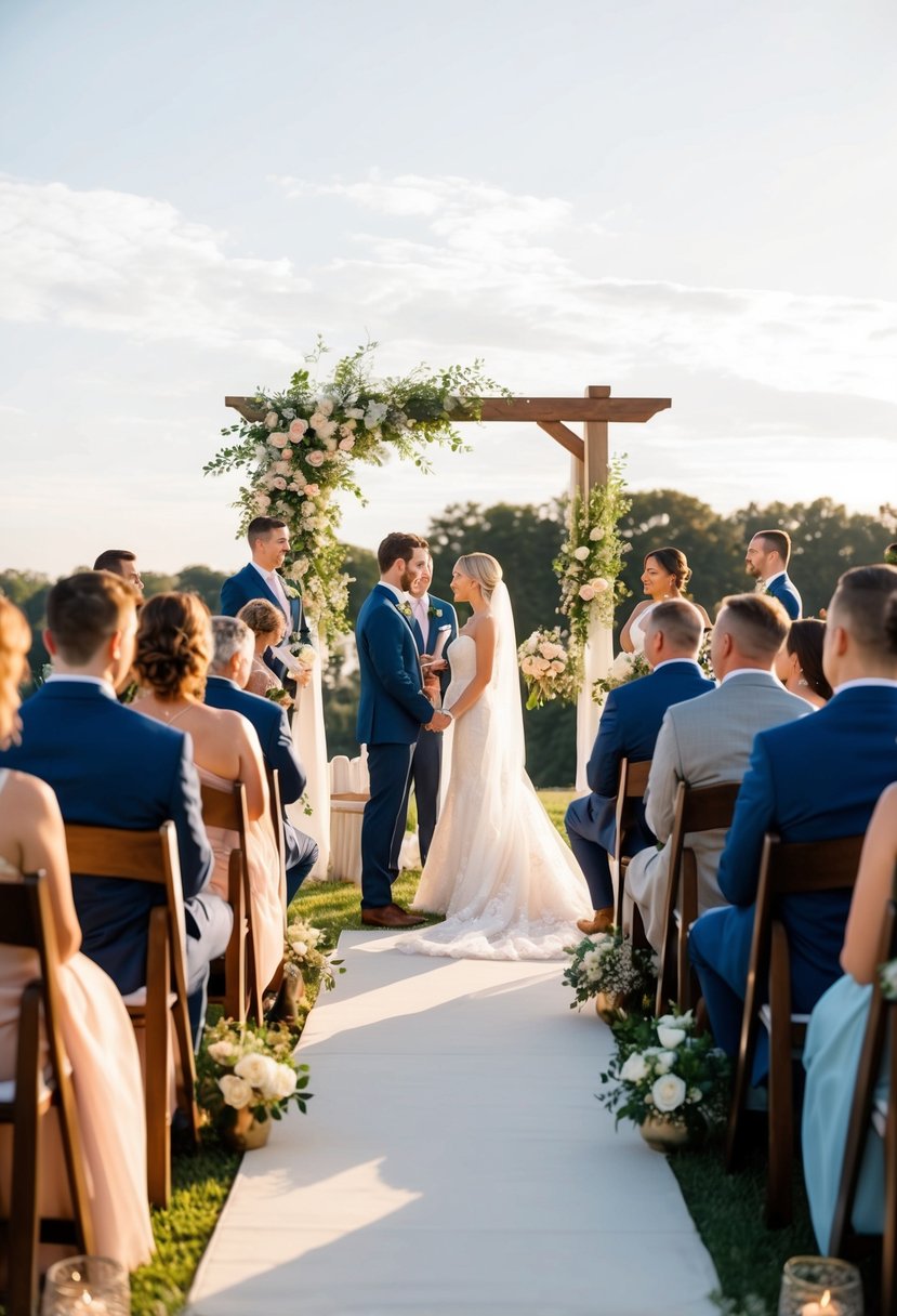 A cozy outdoor wedding ceremony with cushioned seating, soft lighting, and a gentle breeze