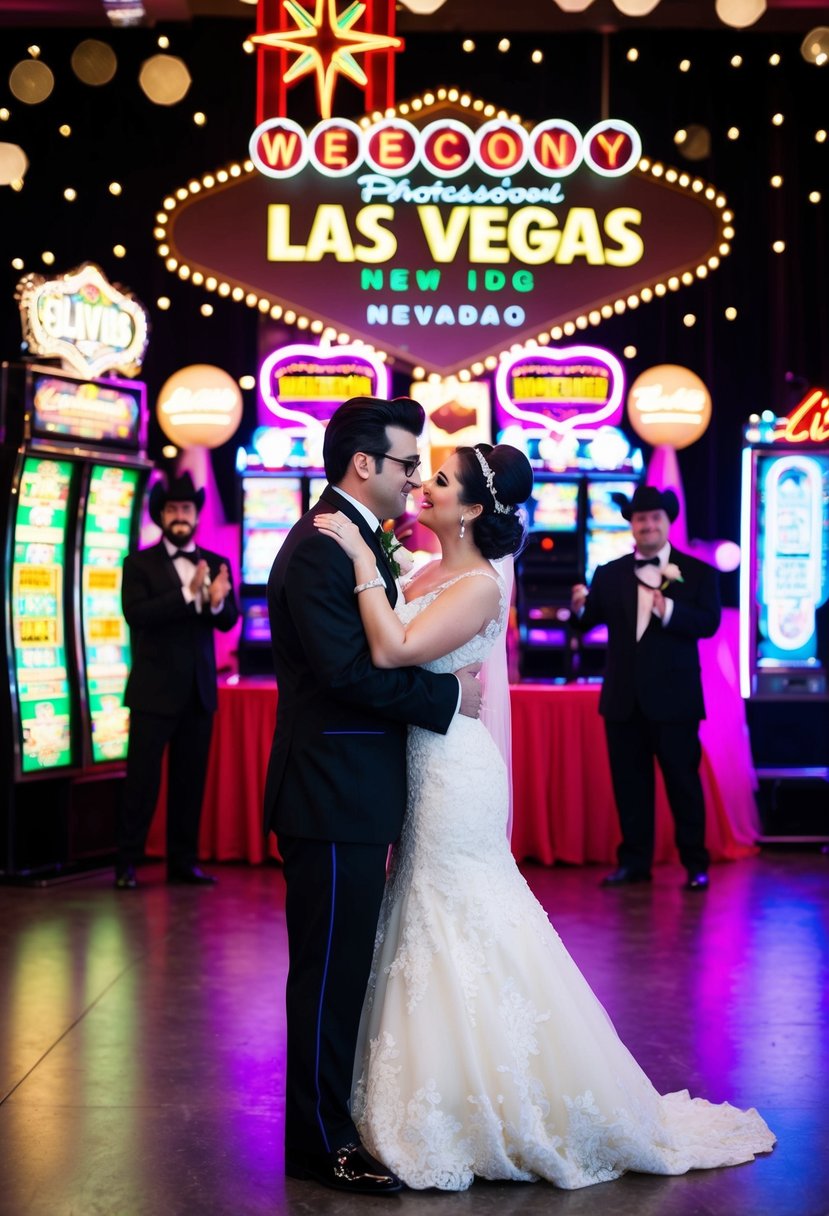 A lively Las Vegas themed wedding with slot machines, neon signs, and Elvis impersonators as the backdrop