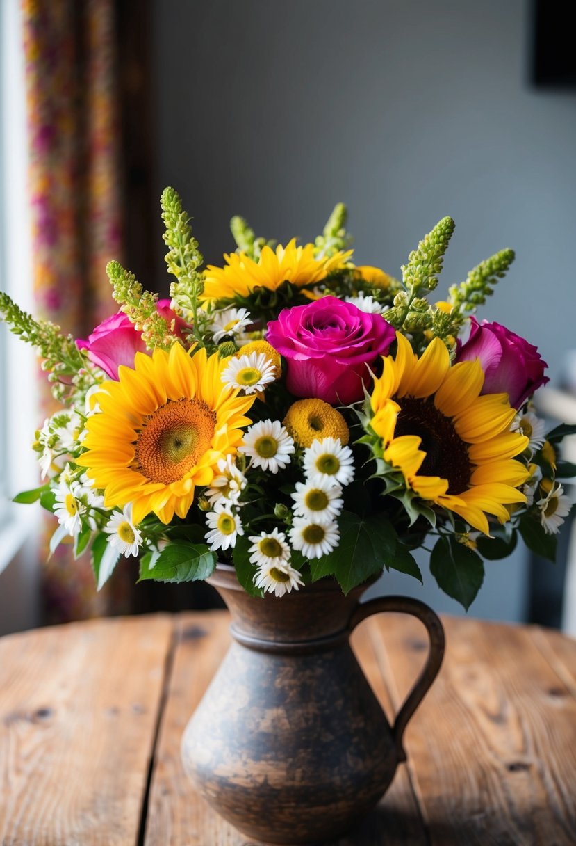 A vibrant bouquet of in-season blooms, including roses, daisies, and sunflowers, arranged in a rustic vase on a wooden table