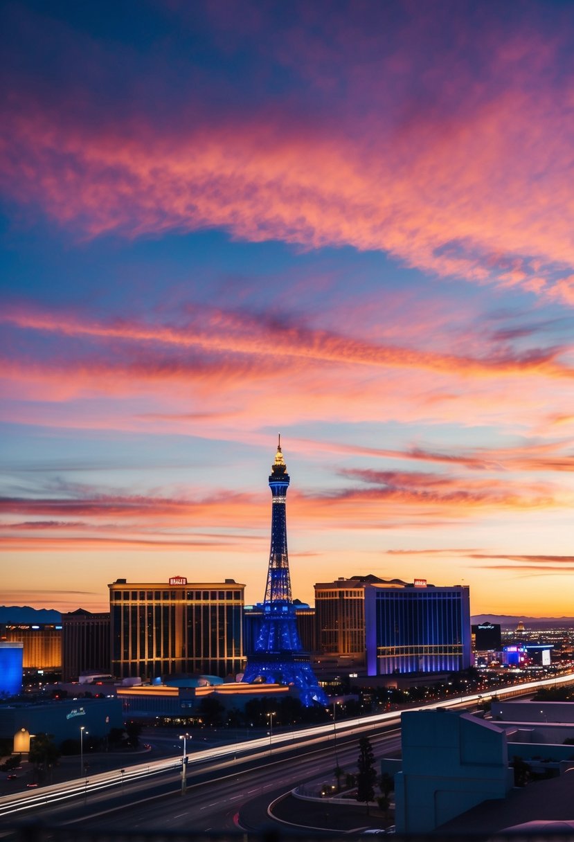 A stunning sunset over the Las Vegas Strip, with the iconic skyline and colorful lights creating a romantic backdrop for a wedding photo shoot