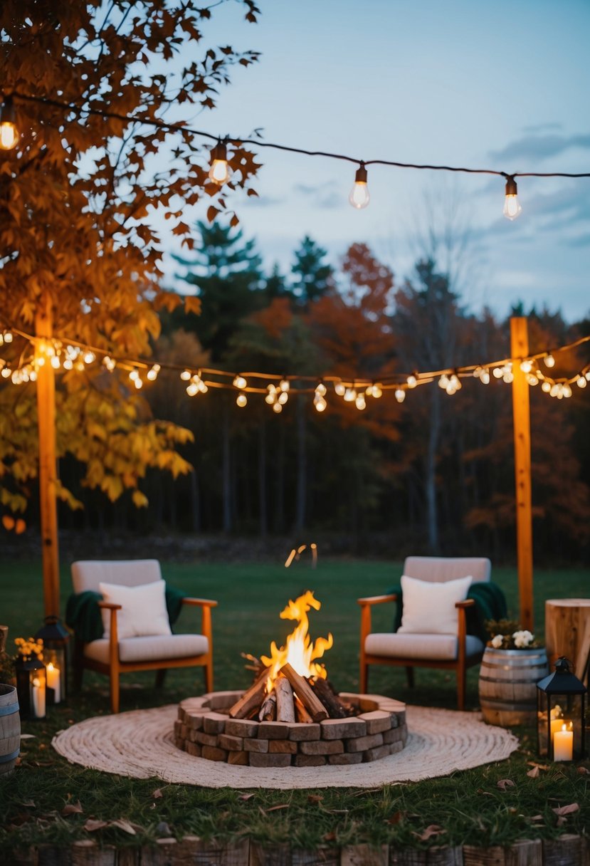 A rustic outdoor wedding with autumn leaves, string lights, and a cozy bonfire