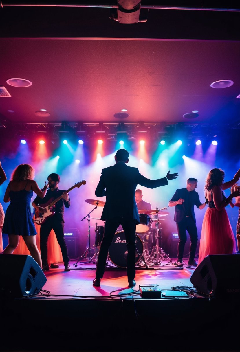 A live band performs on stage, surrounded by dancing guests and colorful lights