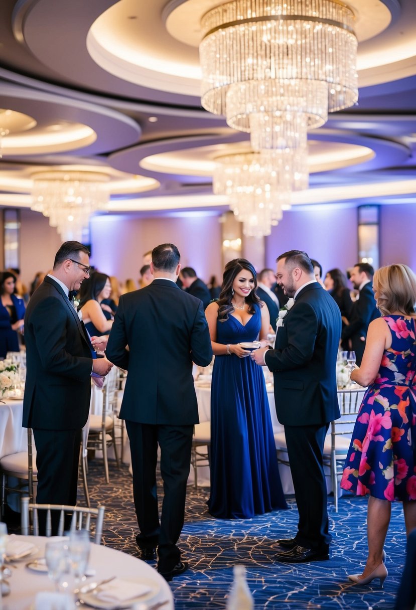 A bustling wedding venue in Las Vegas, with staff attending to guests and setting up for the event