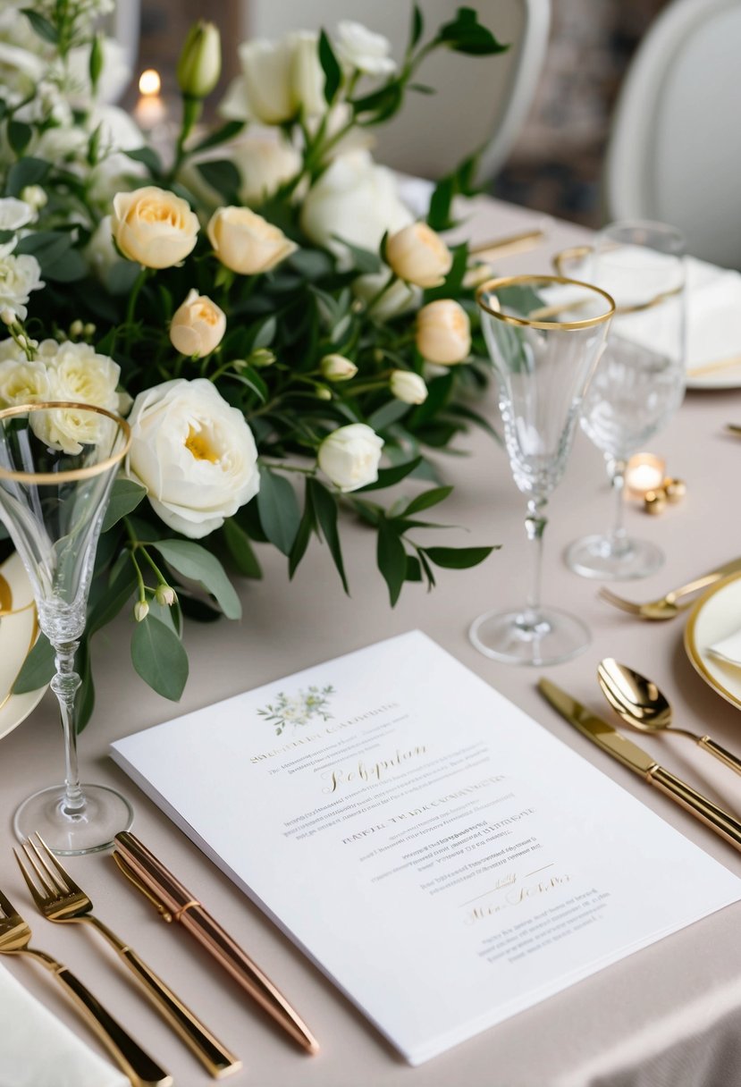 A table set with elegant stationery and a pen, surrounded by flowers and wedding decor