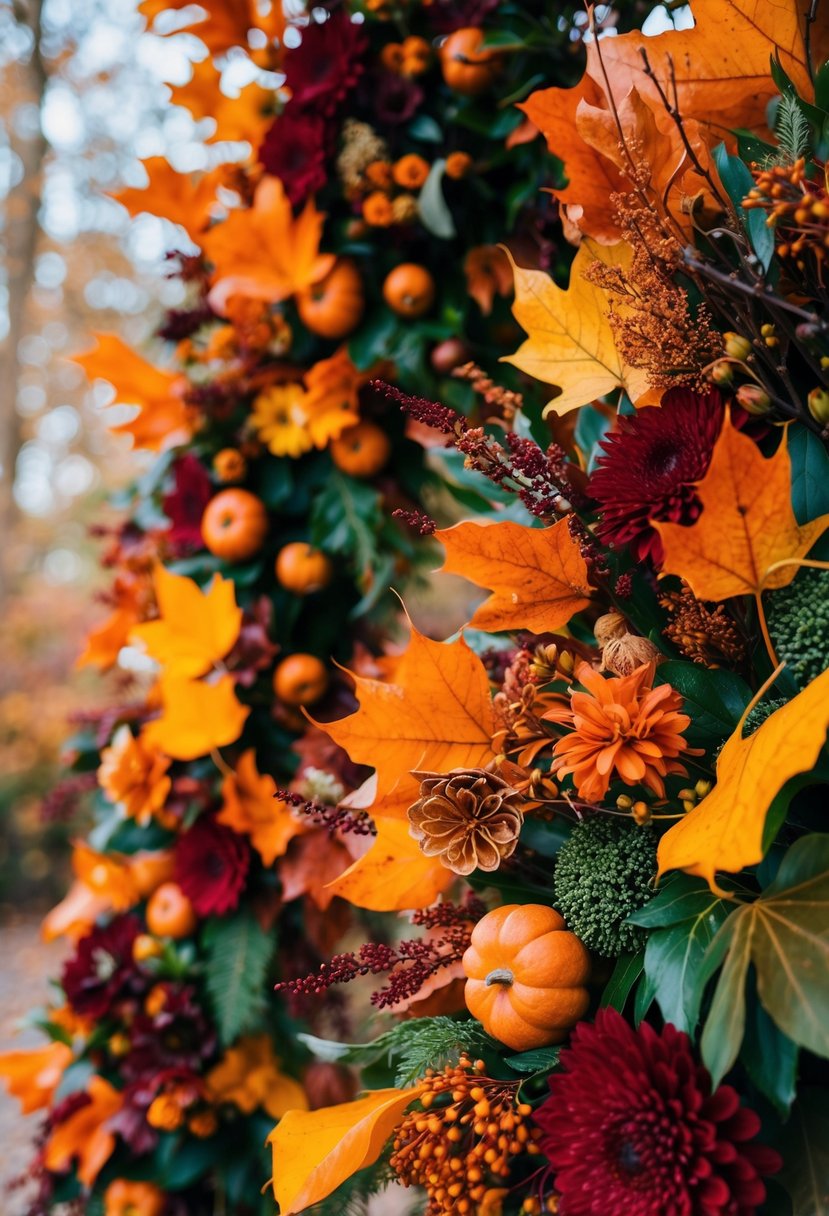 Vibrant autumn leaves intertwined with rich floral arrangements, creating a warm and cozy atmosphere for a November wedding