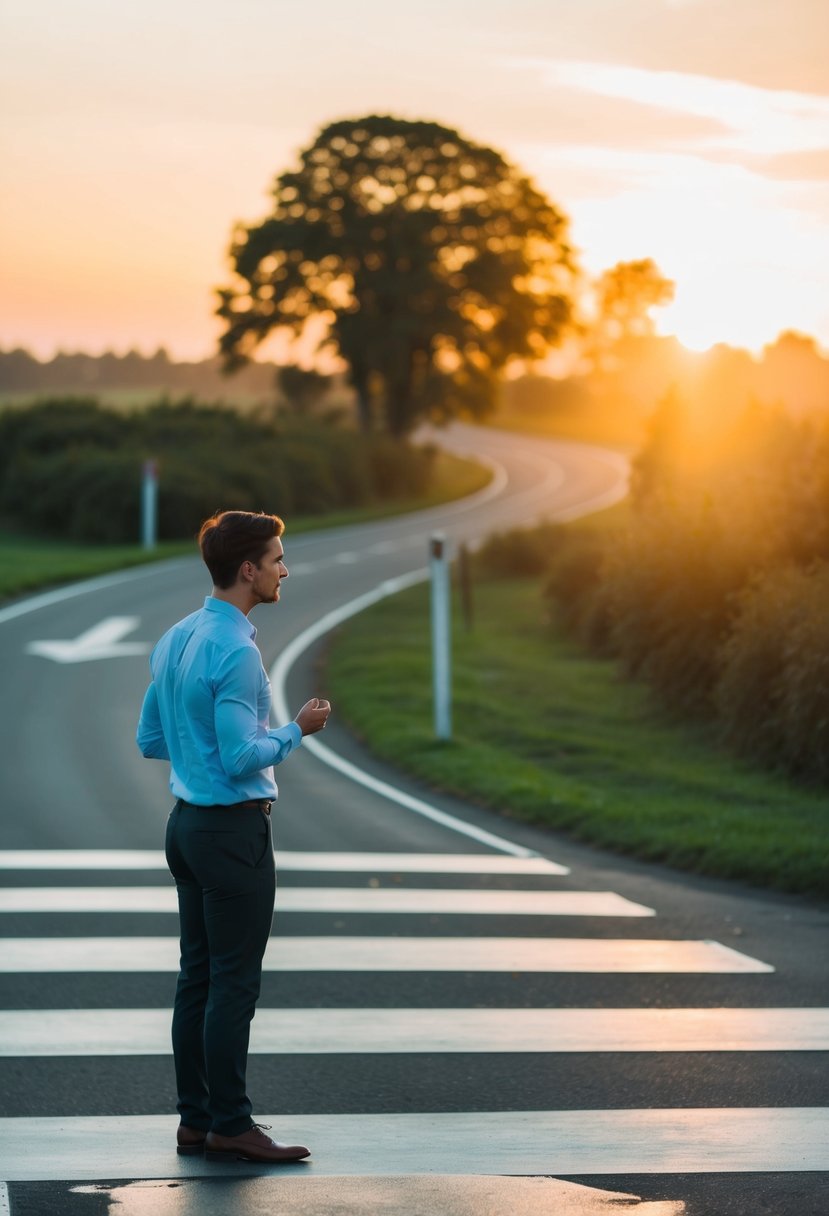 A person standing at a crossroads, looking at two different paths with a thoughtful expression. The sun is setting, casting a warm glow over the scene