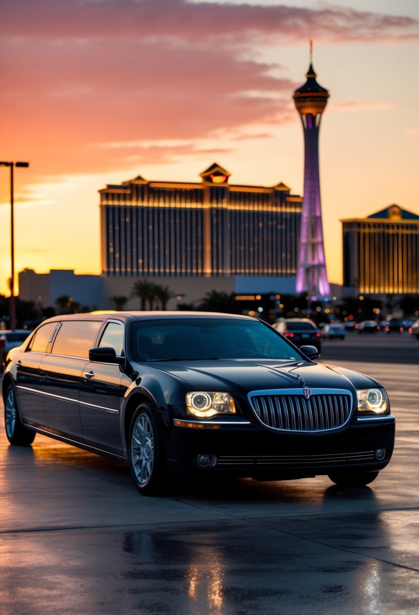 A sleek limousine parked outside a Las Vegas hotel, with the iconic strip in the background and a warm sunset casting a golden glow