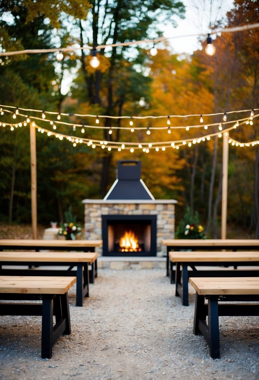 A rustic outdoor venue with wooden benches, string lights, and a cozy fireplace, set against a backdrop of autumn foliage