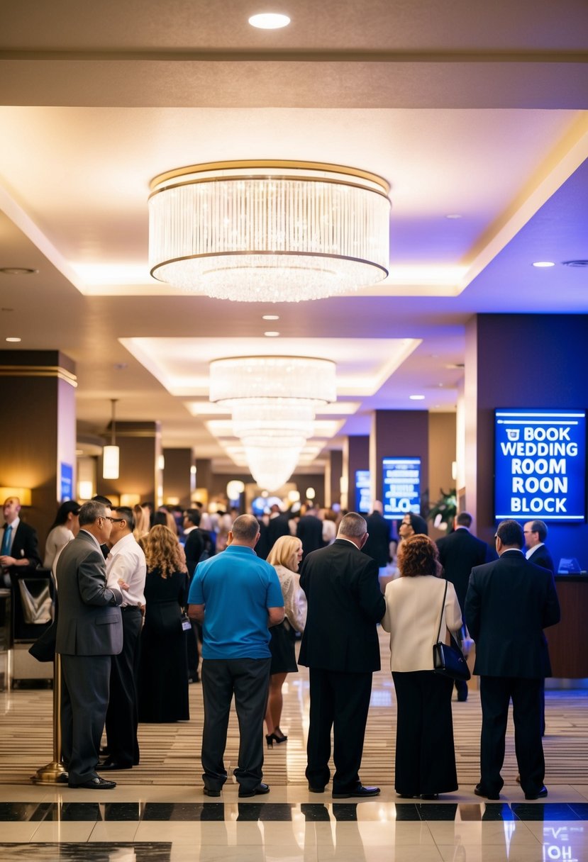 A bustling Las Vegas hotel lobby with a line of people waiting to book wedding room blocks. Bright lights and modern decor