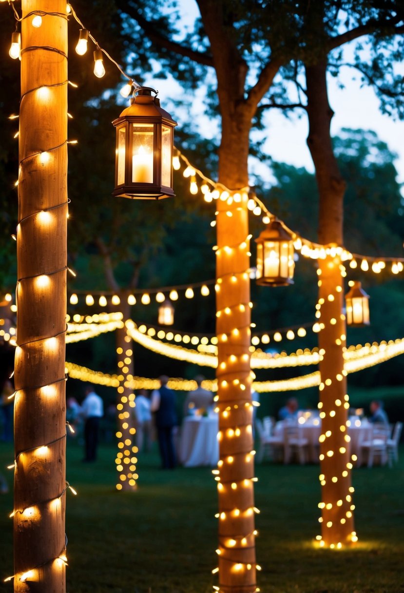 String lights and lanterns create a warm glow, hanging from trees and wrapped around pillars in an outdoor wedding venue