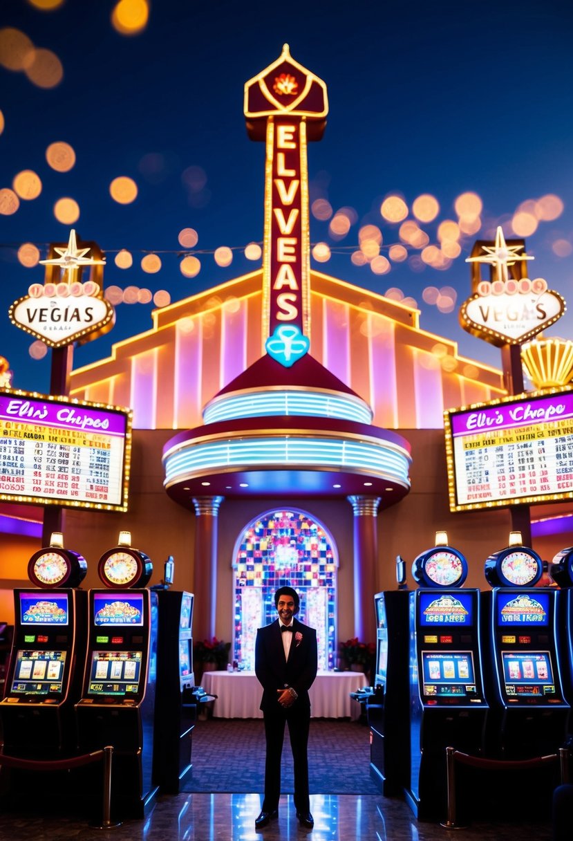 A lively Vegas wedding chapel with Elvis impersonator, slot machines, and neon lights