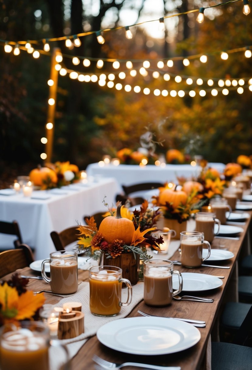 A cozy outdoor wedding reception with a table set up with steaming mugs of cider and hot chocolate, surrounded by autumn foliage and twinkling string lights