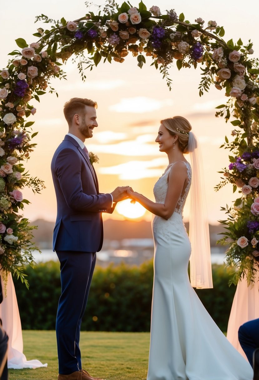 A couple stands beneath a floral arch, exchanging personalized vows. The sun sets behind them, casting a warm glow over the intimate ceremony