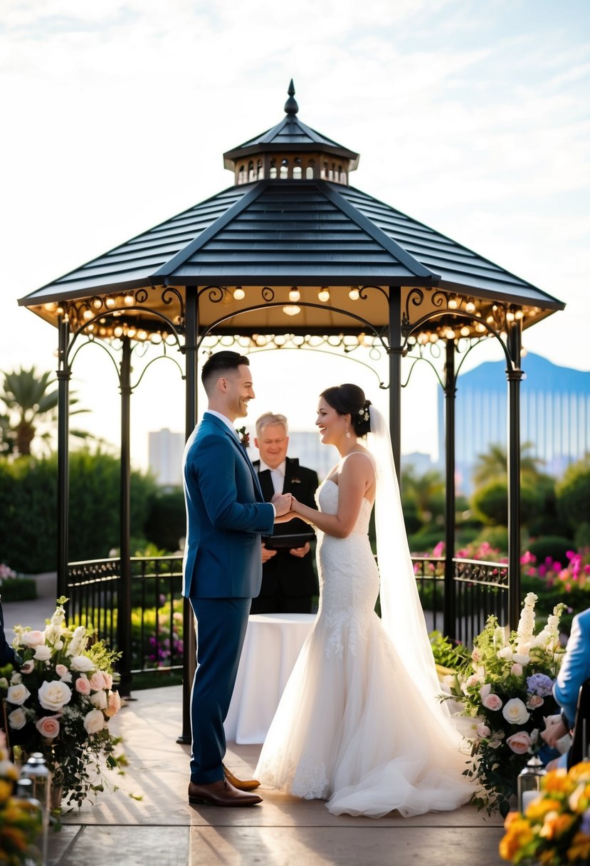 A couple exchanging personalized vows under a twinkling gazebo in a lush garden setting, surrounded by blooming flowers and a backdrop of the Las Vegas skyline