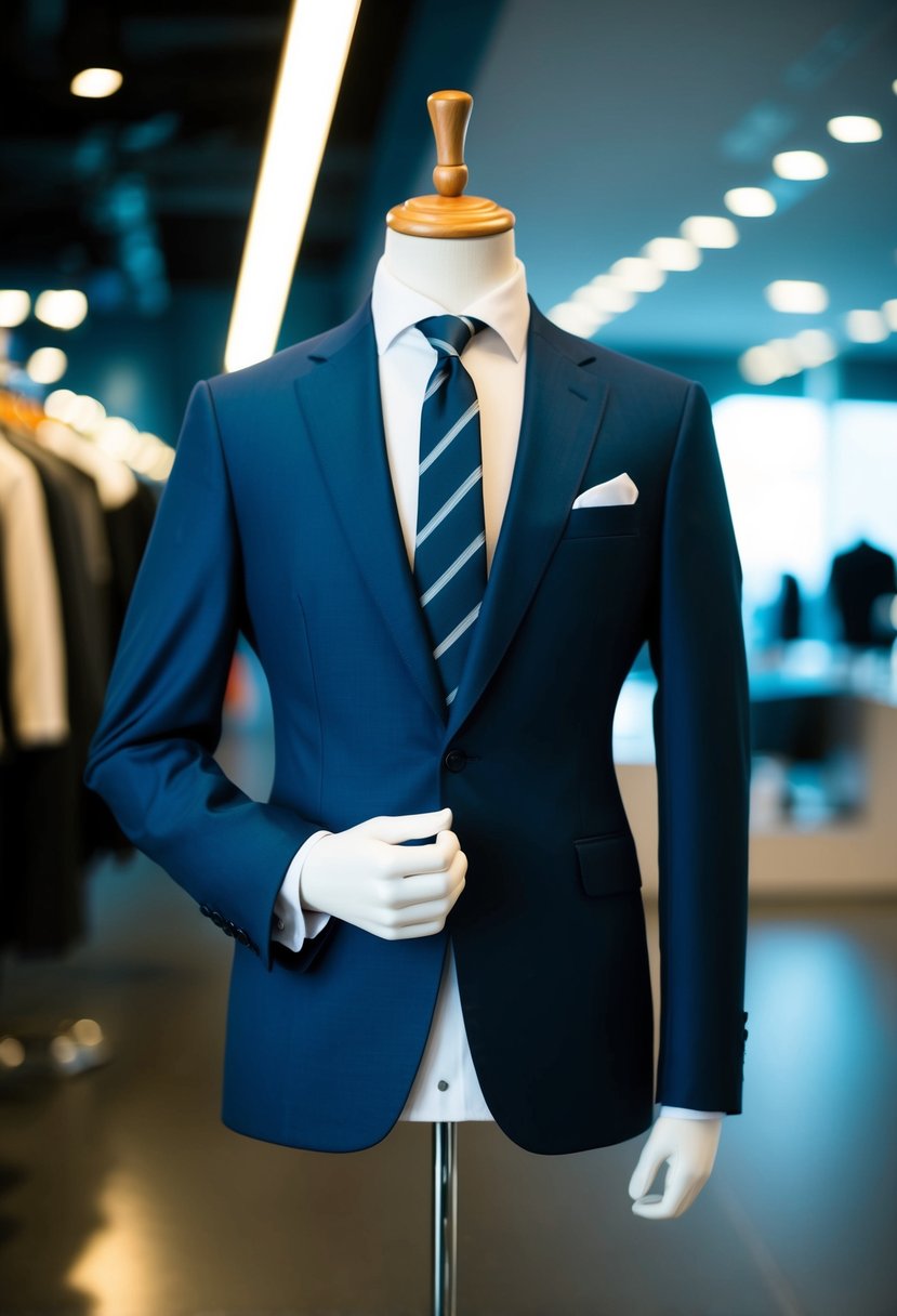 A well-dressed mannequin in a sleek suit and a confident stance