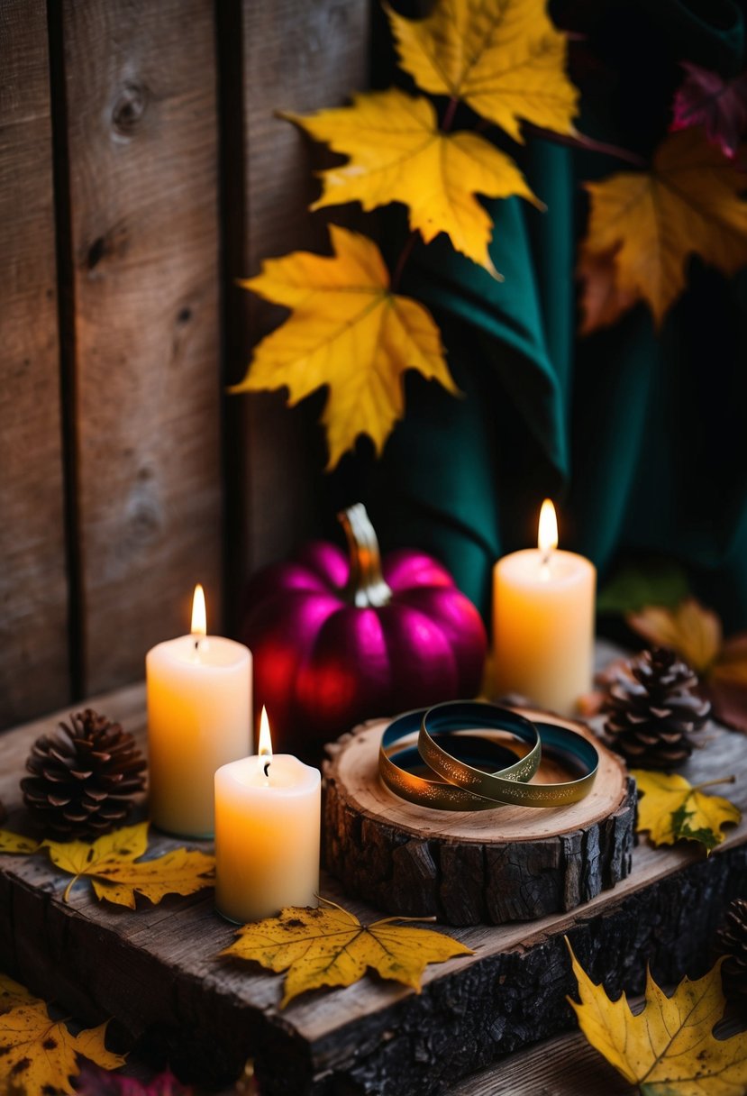 A cozy November wedding scene with warm burgundy, golden yellow, and deep green hues. Fallen leaves, rustic wood, and flickering candles create a romantic atmosphere