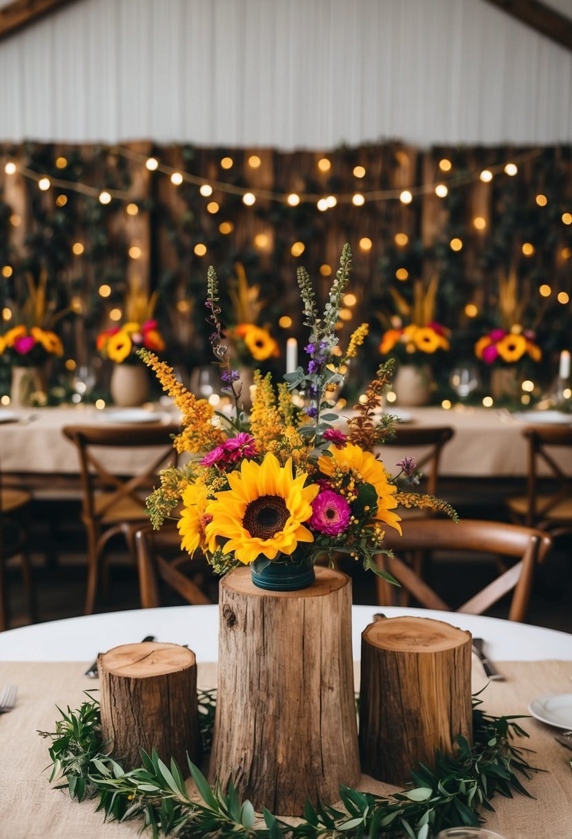 Wooden stump centerpieces adorned with vibrant wildflowers, set against a rustic November wedding backdrop