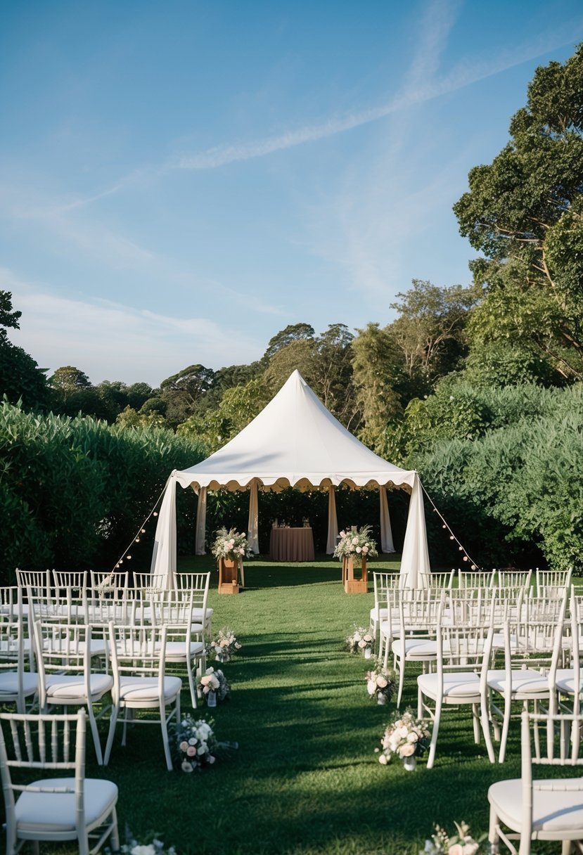 A wedding ceremony set up outdoors with a tent and chairs, surrounded by lush greenery and a clear blue sky