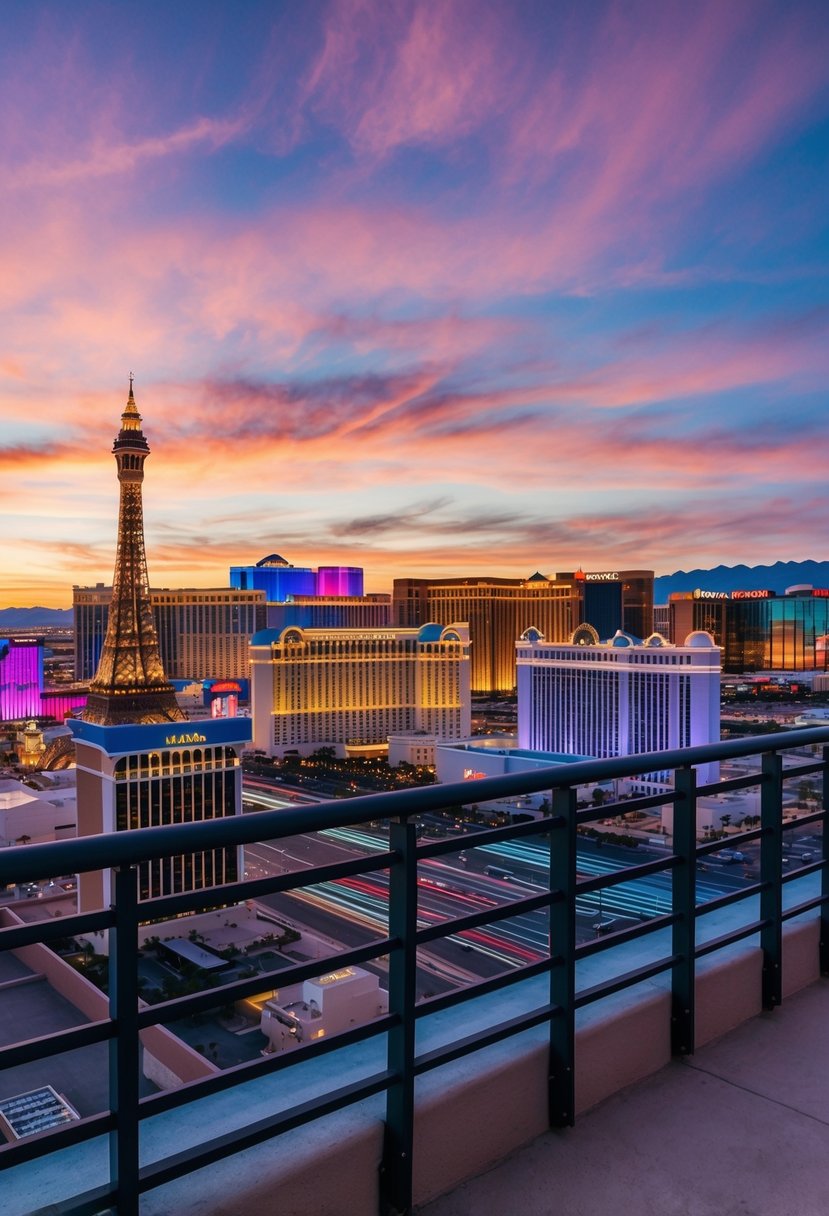 A panoramic view of the Las Vegas Strip from a rooftop terrace at sunset, with the city's iconic skyline and colorful lights in the background