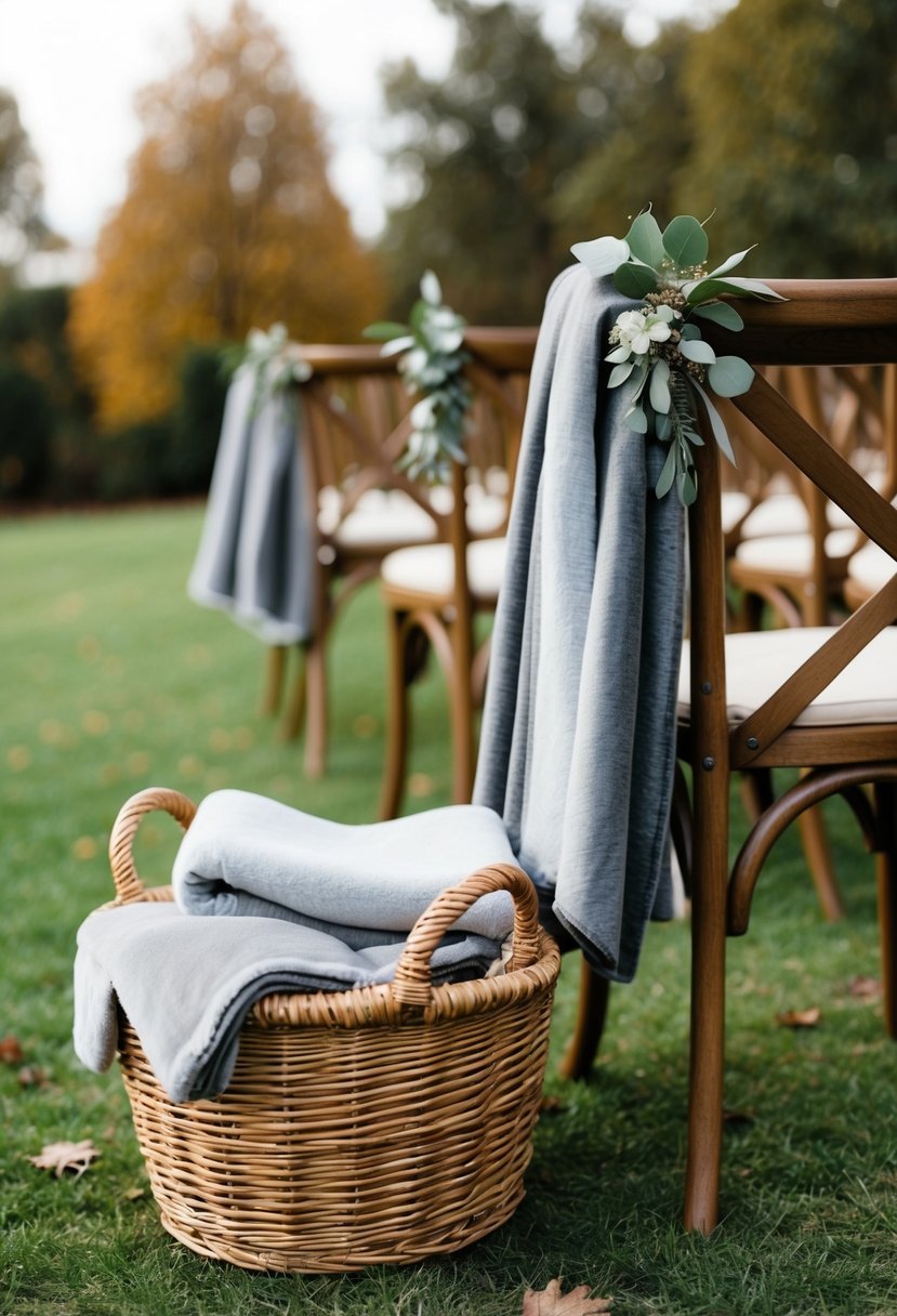 Cozy blankets in a basket next to wooden chairs at an outdoor wedding ceremony in November