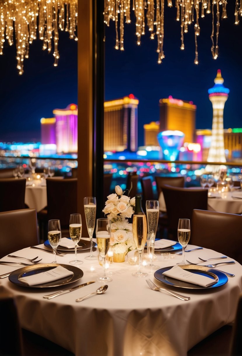 A lavish table set for two under glittering lights in a romantic Las Vegas restaurant, with champagne on ice and a view of the bustling city below