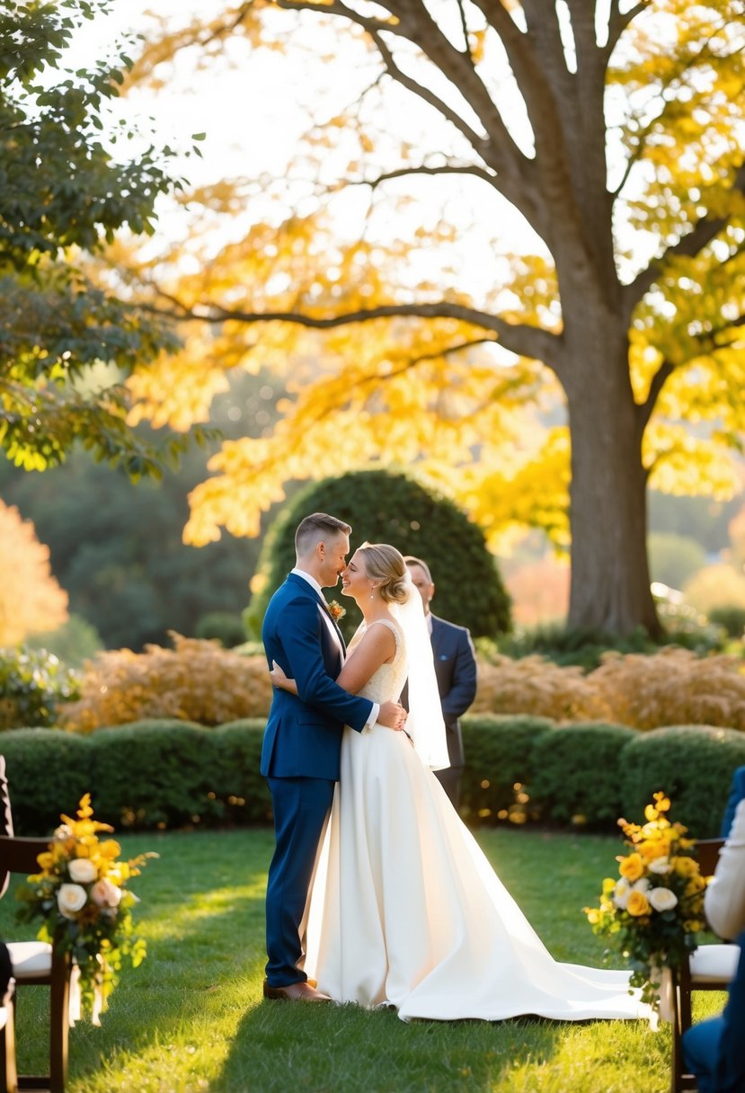 A serene outdoor wedding ceremony in a sunlit garden with autumn foliage and warm golden light filtering through the trees