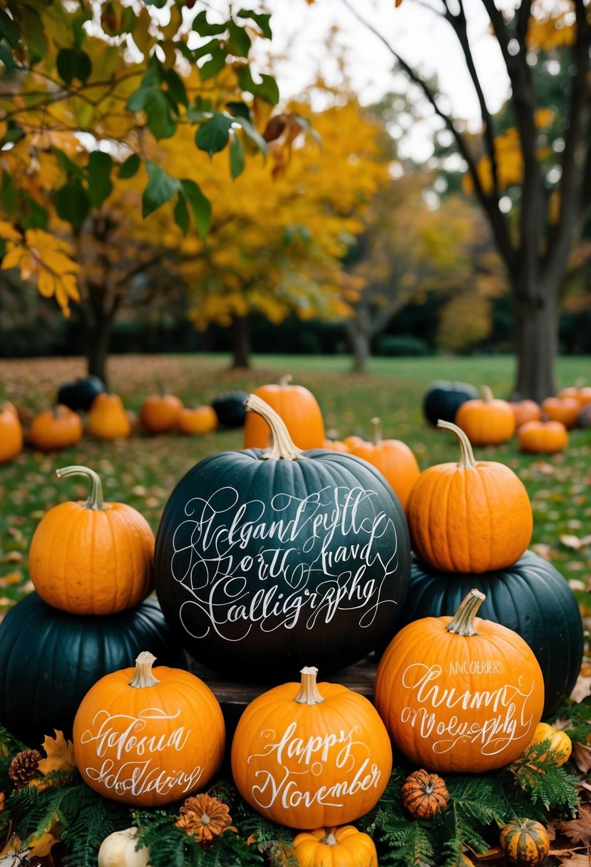 Pumpkins adorned with elegant hand calligraphy, set amidst autumn foliage for a November wedding