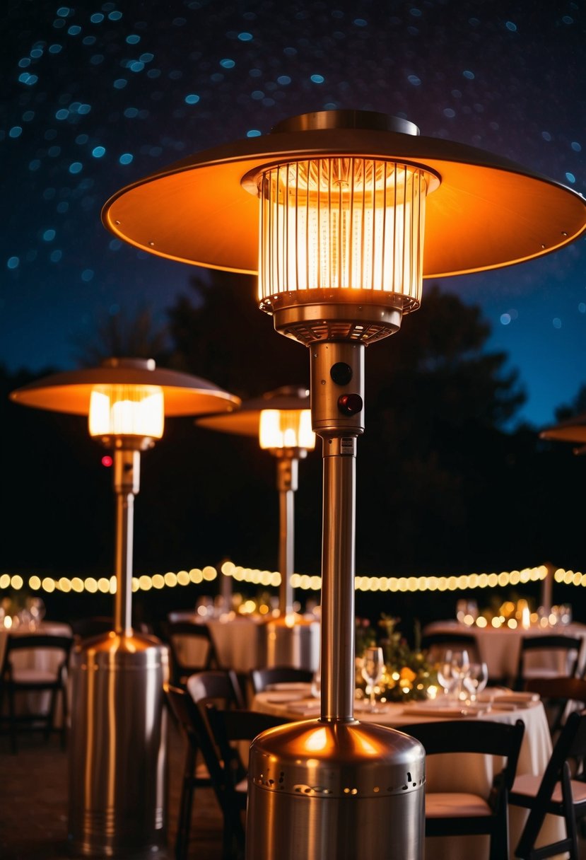 Outdoor heaters glowing, casting warm light on a November wedding reception. Tables and chairs arranged under a starry night sky