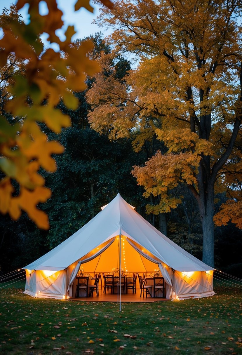 A cozy tent glows with warmth, nestled among autumn trees for a November evening reception