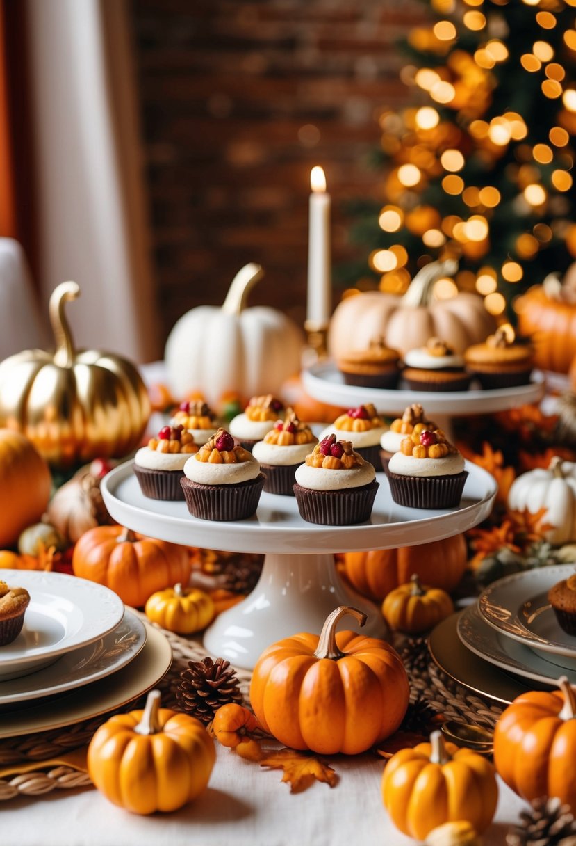 A festive dessert table adorned with autumn treats, surrounded by warm hues and seasonal décor