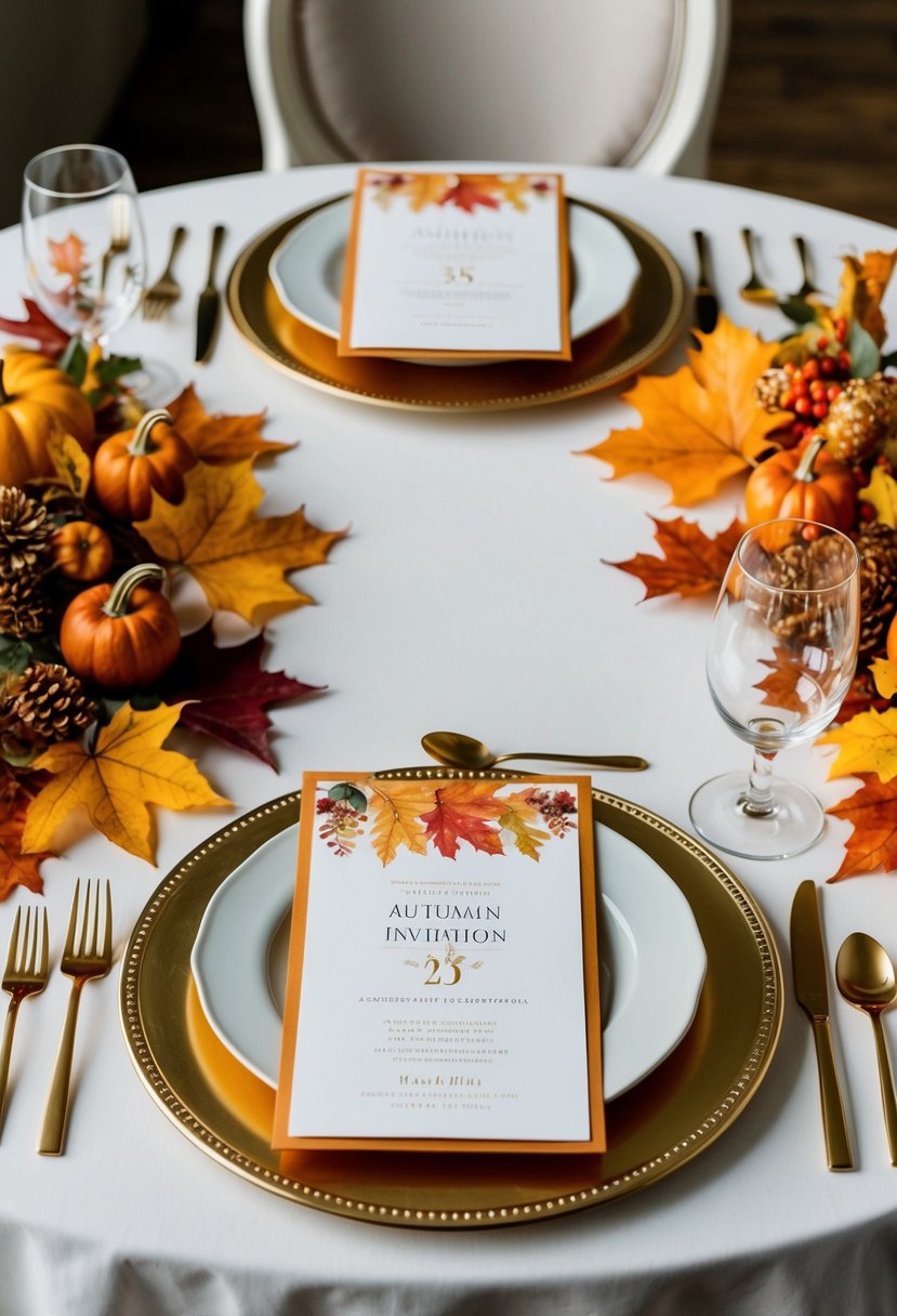 An elegant table set with autumn-themed invitations, surrounded by colorful leaves and seasonal decor