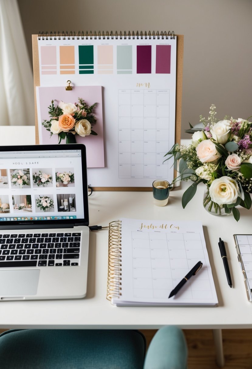 A desk with a laptop, planner, and wedding magazines. A mood board with color swatches and floral arrangements. A calendar with marked dates