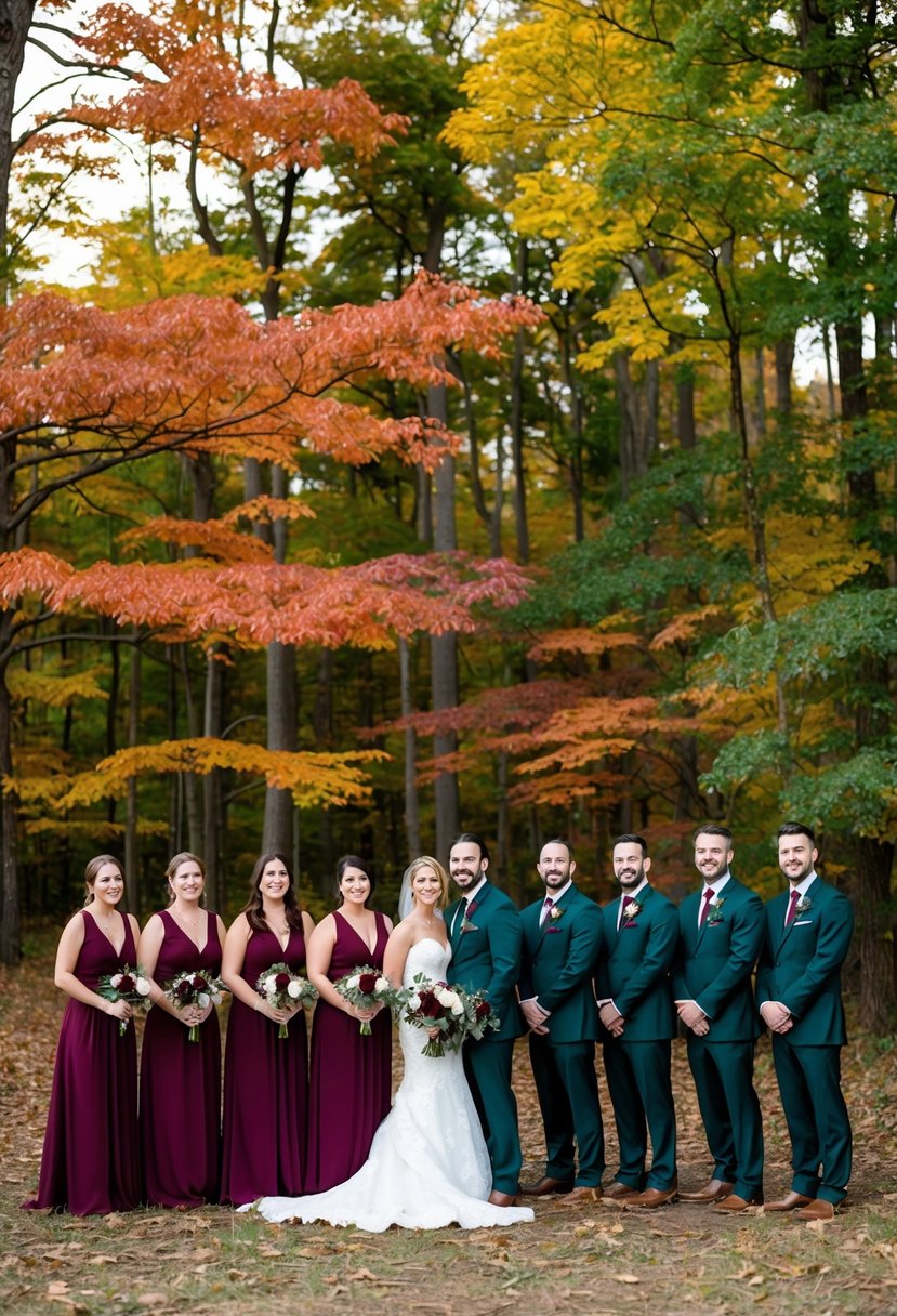 The wedding party stands in a forest clearing, surrounded by autumn foliage in deep, rich colors. The bridesmaids wear burgundy dresses, while the groomsmen sport dark green suits