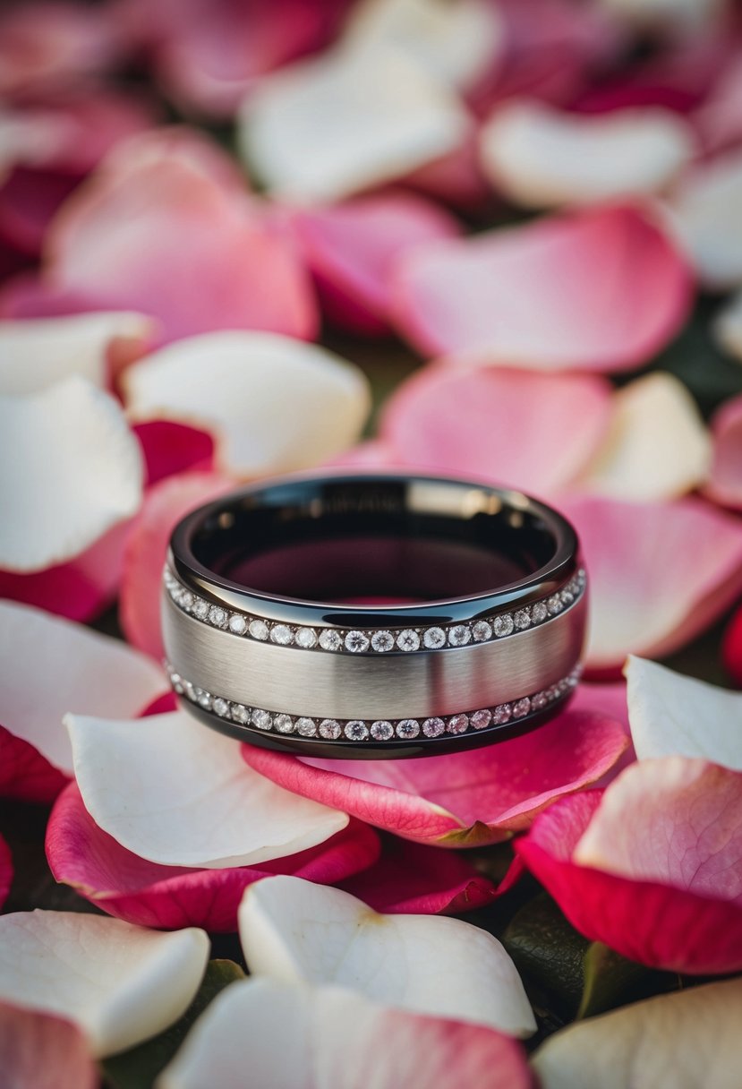 A wedding band resting on a bed of rose petals