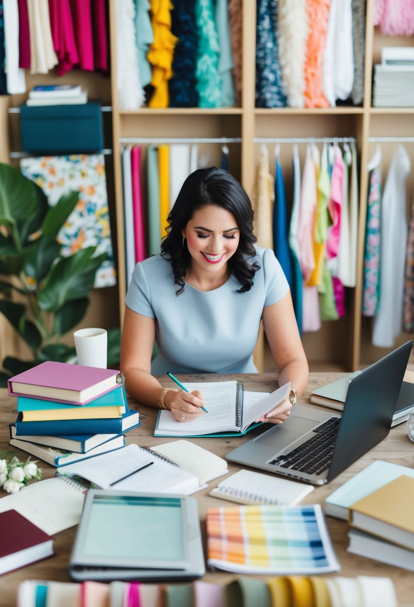 A wedding planner surrounded by books, laptops, and colorful fabric swatches, taking notes and brainstorming ideas