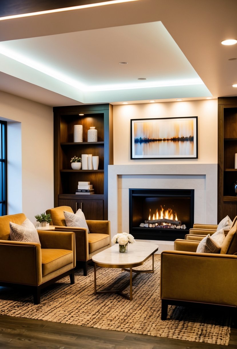 A warm, inviting lounge area with plush seating, soft lighting, and a crackling fireplace