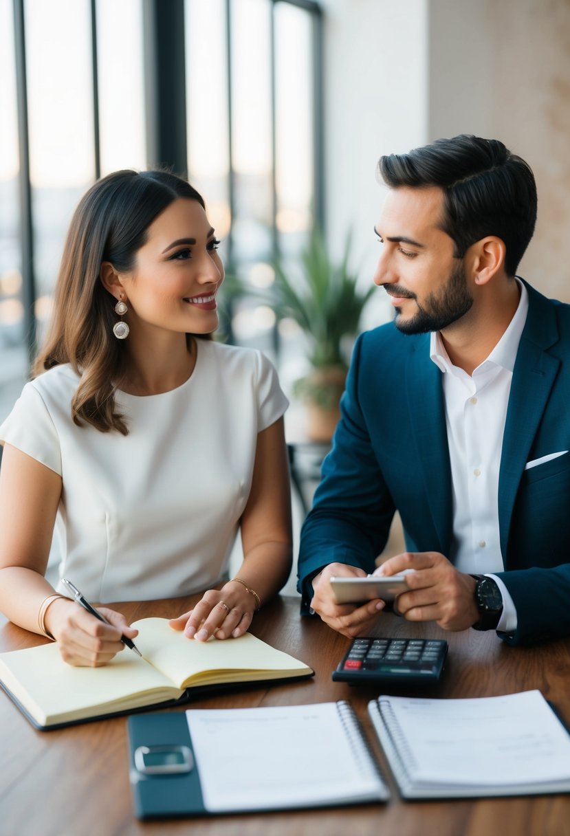 A couple sitting at a table, discussing finances and wedding band options, with a notebook and calculator in front of them