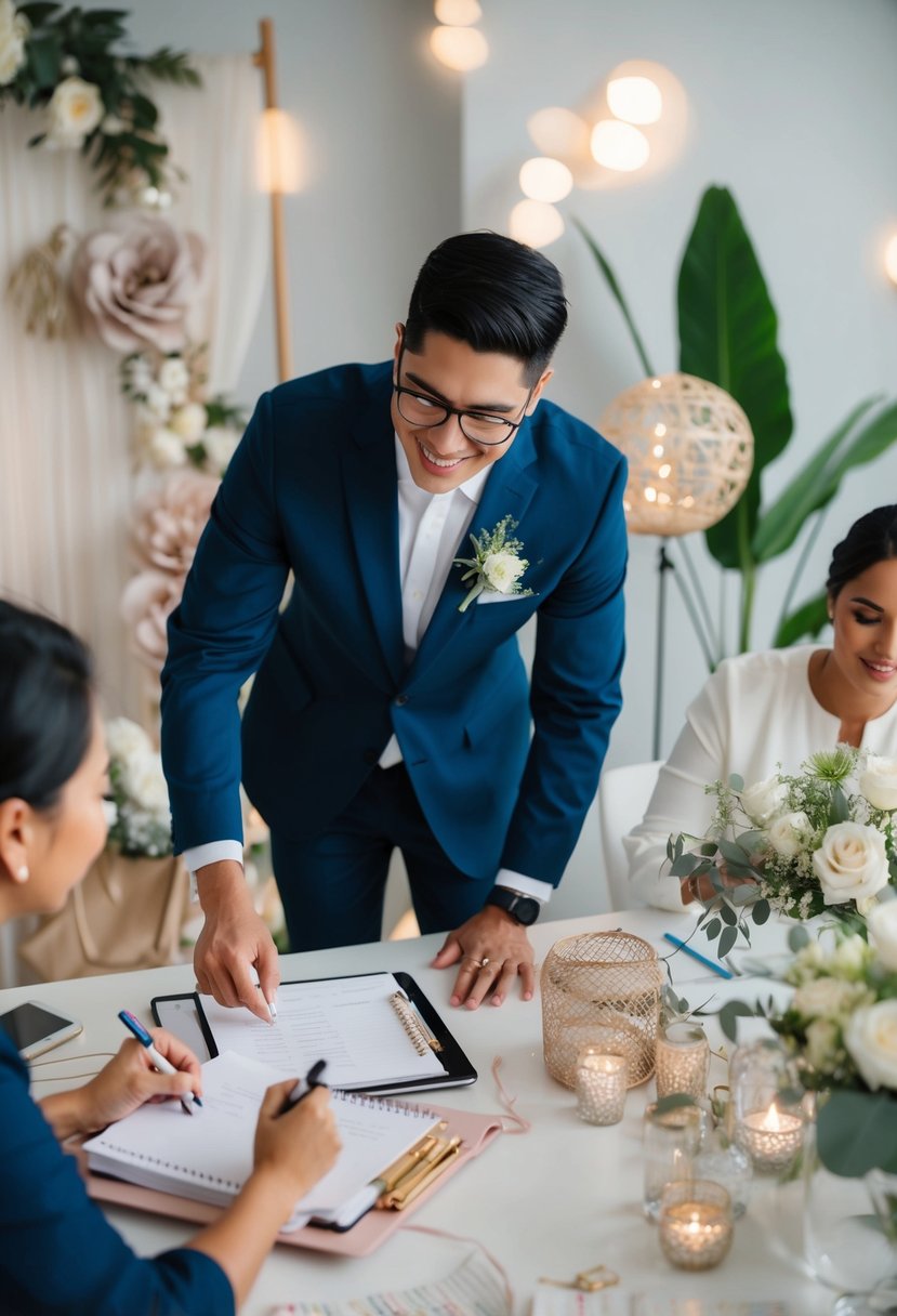 An enthusiastic individual shadowing a wedding planner, taking notes and assisting with various tasks, surrounded by wedding decor and planning materials