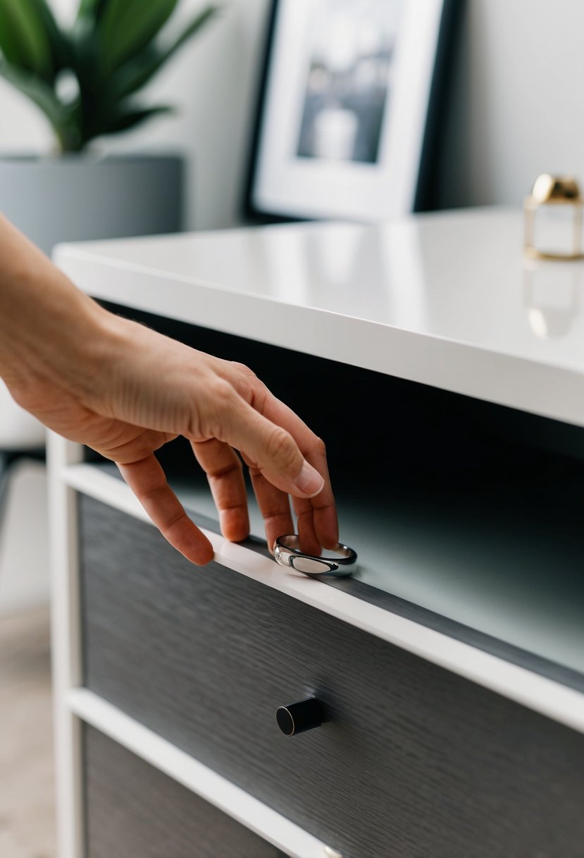 A hand reaching for a sleek, simple wedding band on a clutter-free, modern dresser