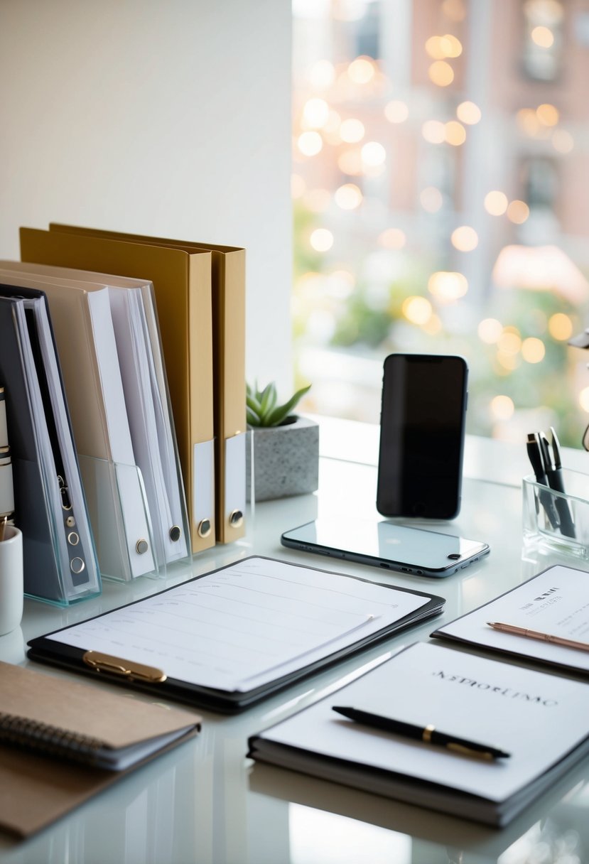 A wedding planner's desk with neatly arranged folders, a calendar, and a phone with notes scattered around