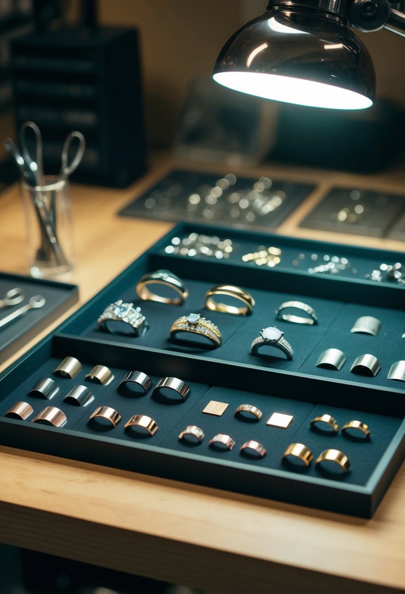 A jeweler's workbench with various metal samples and wedding band designs displayed for research and comparison