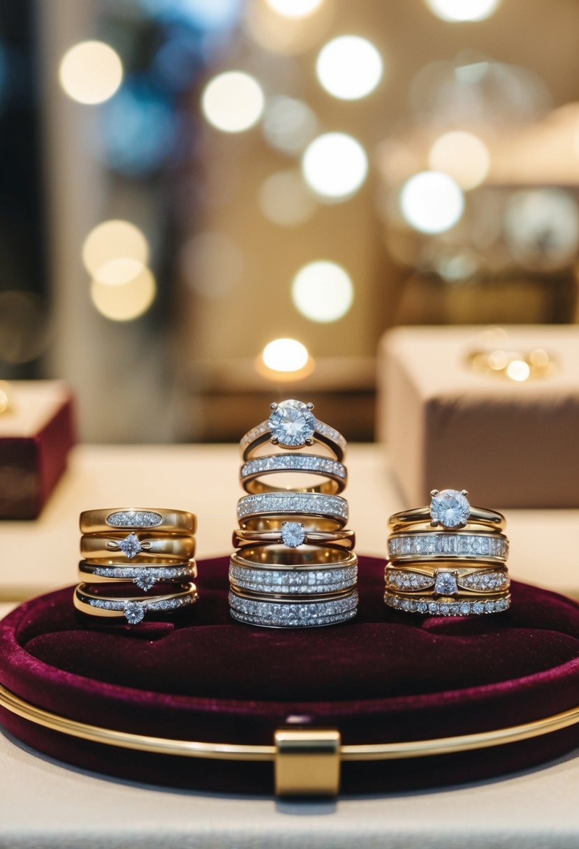 A display of wedding bands, some matching and some unique, arranged on a velvet cushion in a jewelry store window